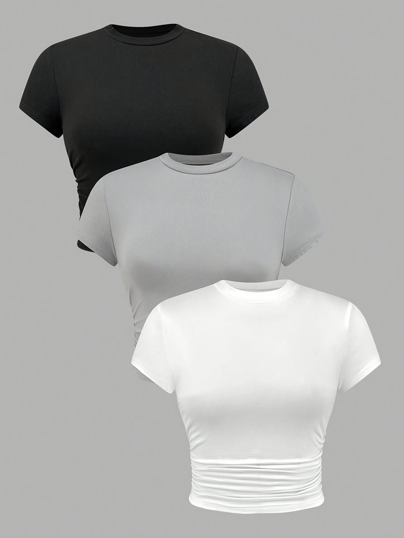 Solid Side Ruched T-shirt 3 Pack, Casual Crew Neck Short Sleeve T-shirt For Spring & Summer, Women's Clothing